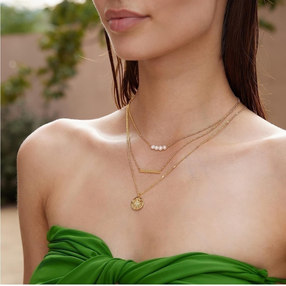 Gold 14k Gold Plated 3pc Bar & Star Pendant Necklace Set